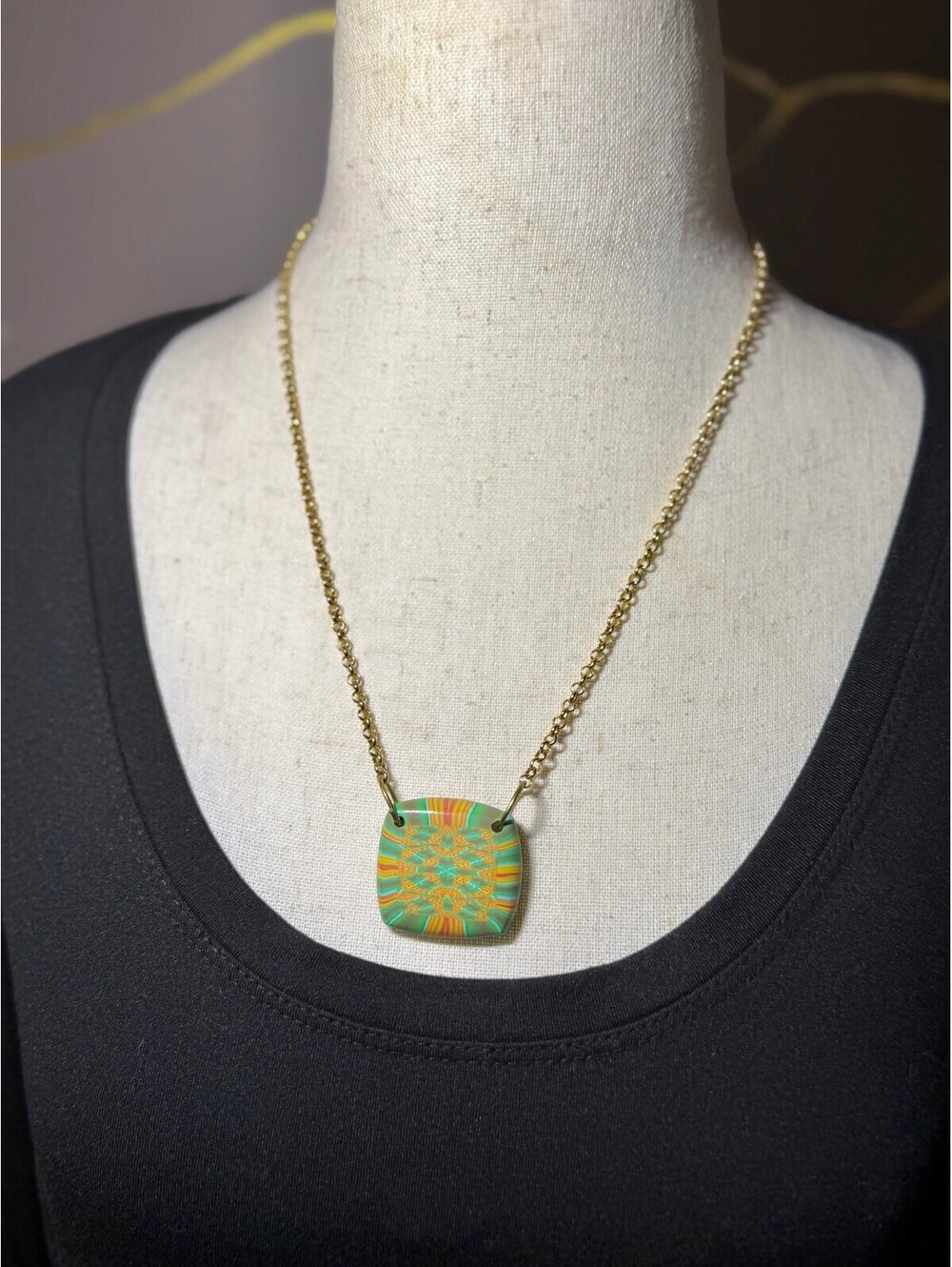 Handmade Polymer Clay Pendant Necklace Colorful Cane Art Square Gold Tone Chain